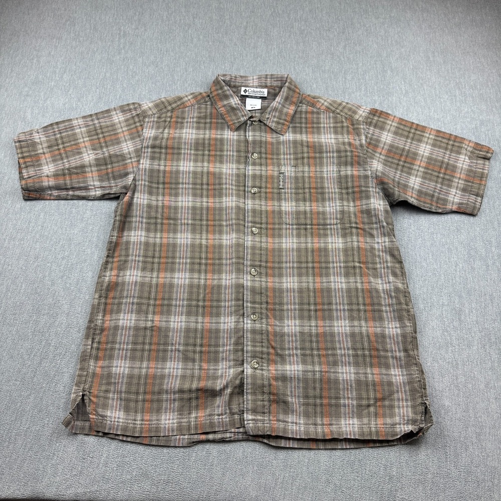 Columbia Shirt Mens Medium Brown Short Sleeve Button Down Check Classic Casual